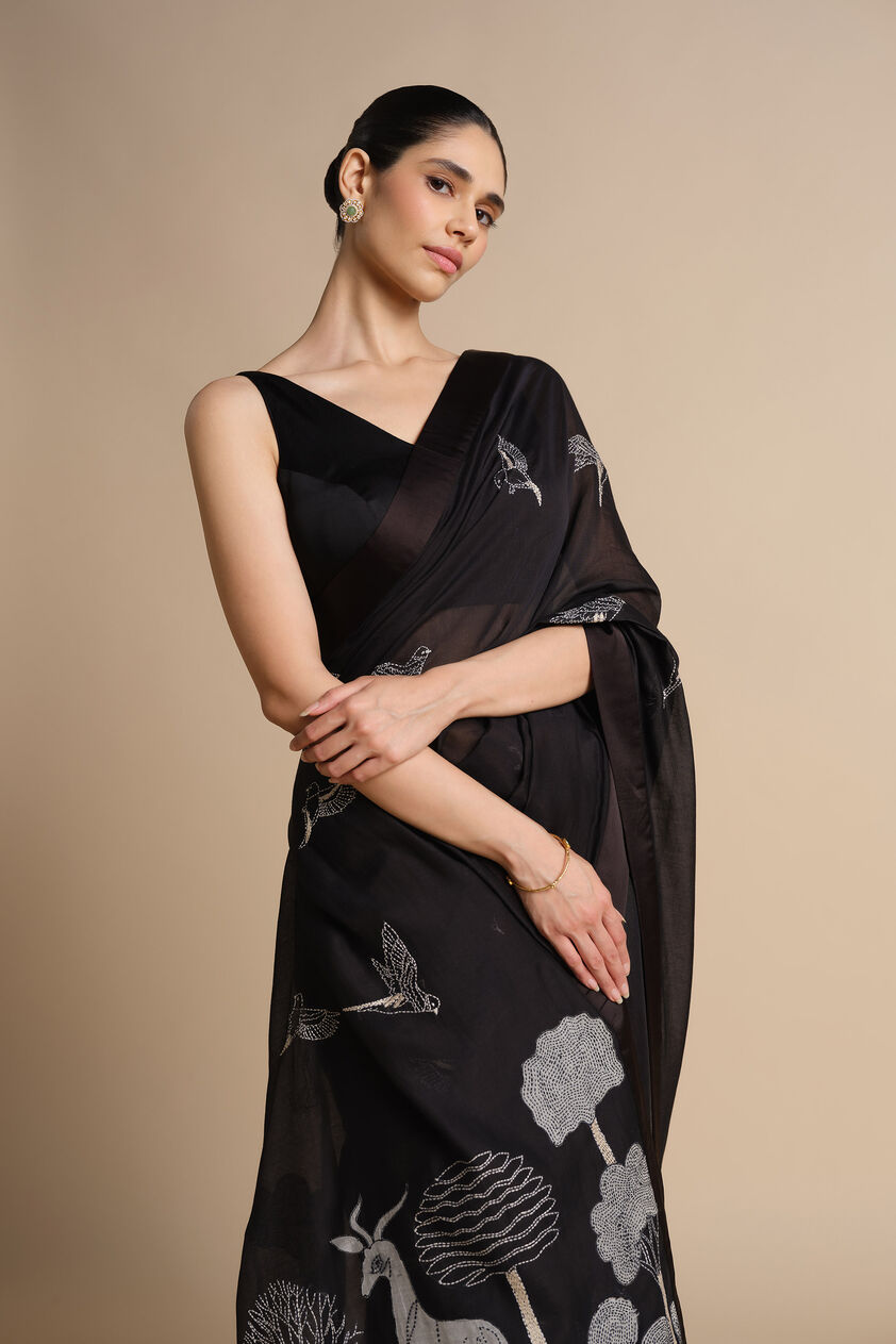 Usoa Hand-embroidered Kantha Mul Saree - Black, Black, image 4